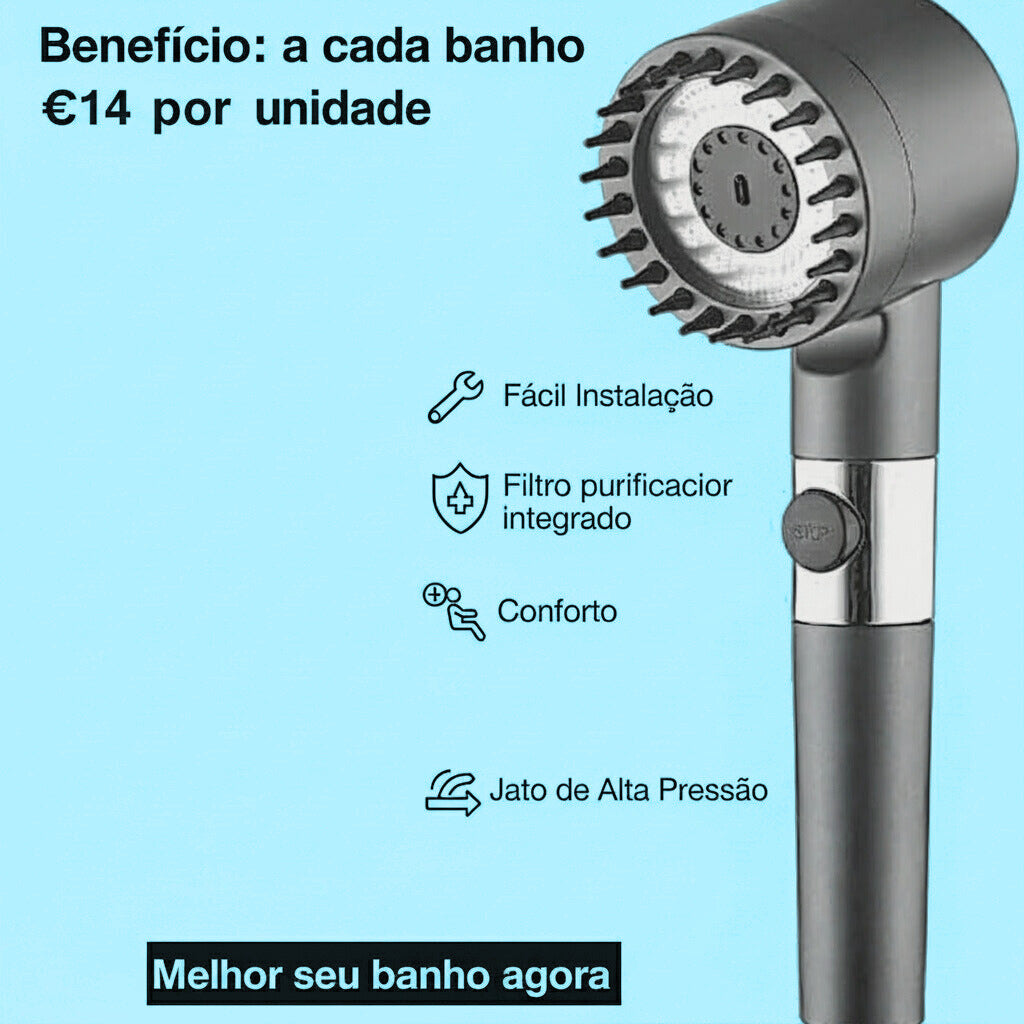 Cabeça de Chuveiro de Alta Pressão com Dentes de Silicone para uma Lavagem Completa da Cabeça aos Pés.