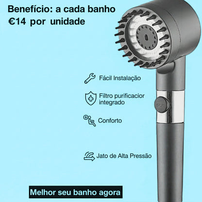 Cabeça de Chuveiro de Alta Pressão com Dentes de Silicone para uma Lavagem Completa da Cabeça aos Pés.