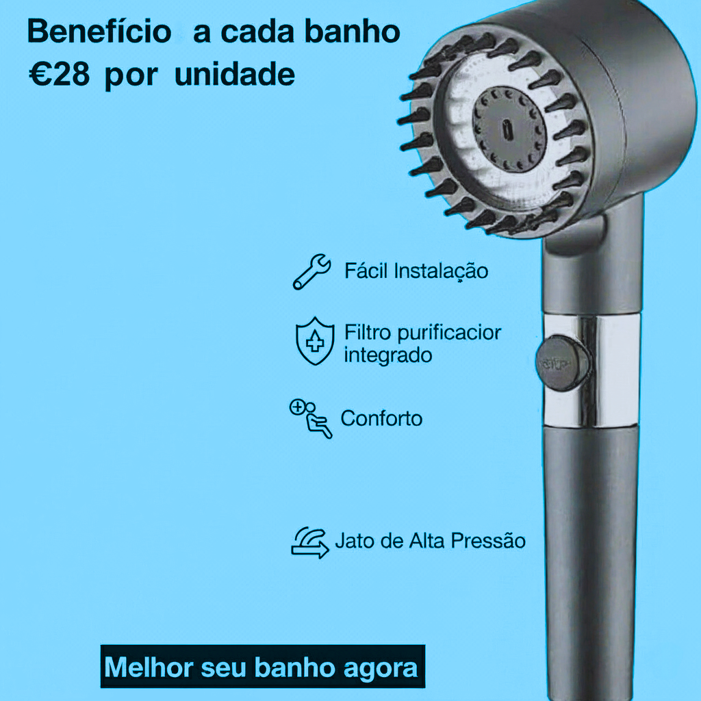 Cabeça de Chuveiro de Alta Pressão com Dentes de Silicone para uma Lavagem Completa da Cabeça aos Pés.