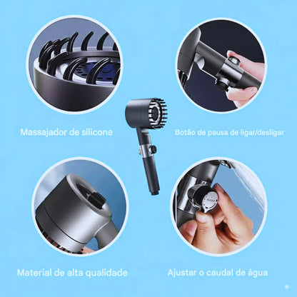 Cabeça de Chuveiro de Alta Pressão com Dentes de Silicone para uma Lavagem Completa da Cabeça aos Pés.