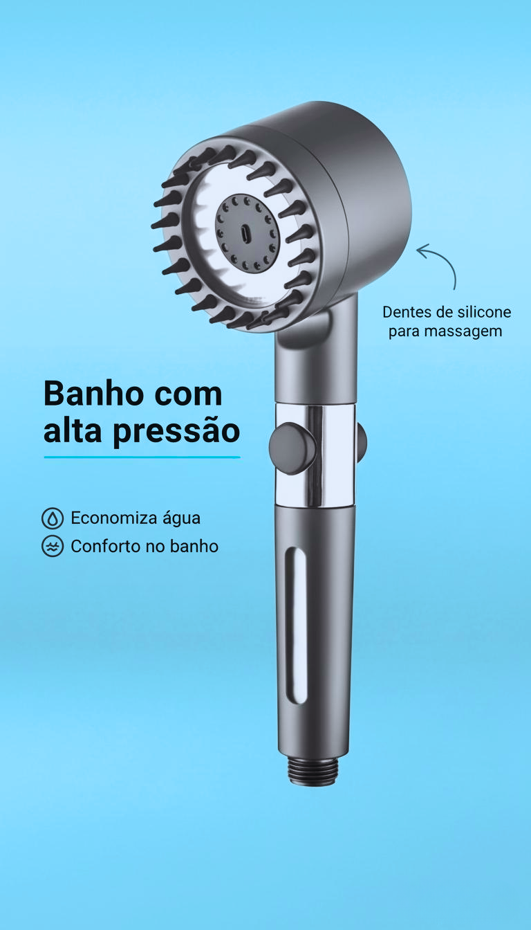 Cabeça de Chuveiro de Alta Pressão com Dentes de Silicone para uma Lavagem Completa da Cabeça aos Pés.
