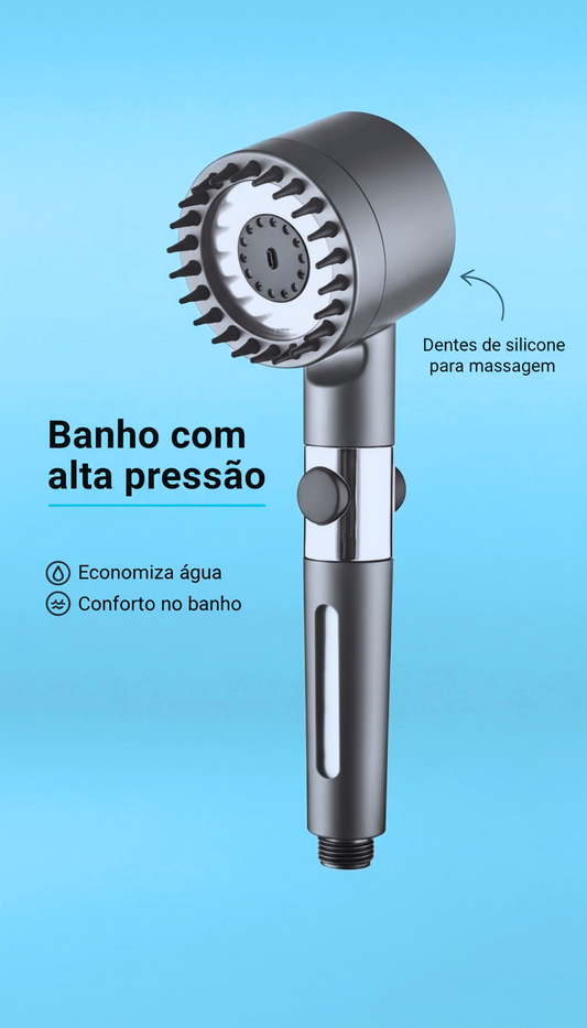 Cabeça de Chuveiro de Alta Pressão com Dentes de Silicone para uma Lavagem Completa da Cabeça aos Pés.